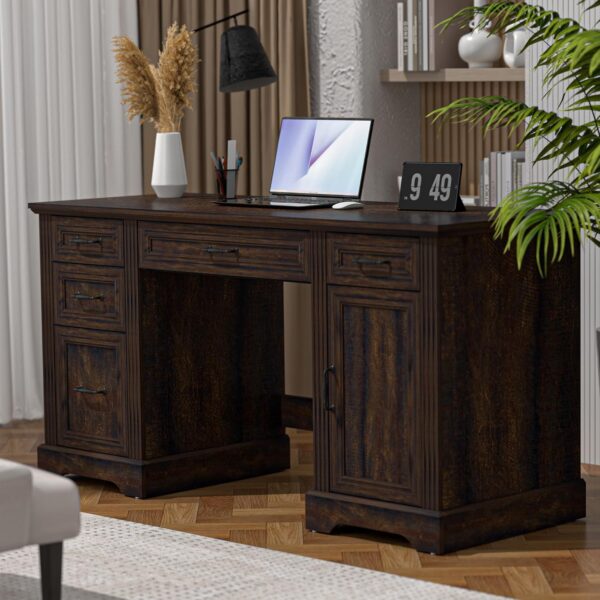AHB 58" Executive Desk, Home Office Desk with Drawers and Cabinet, Wooden Workstation with Storage, Farmhouse Desk for Writing, Studying, Working