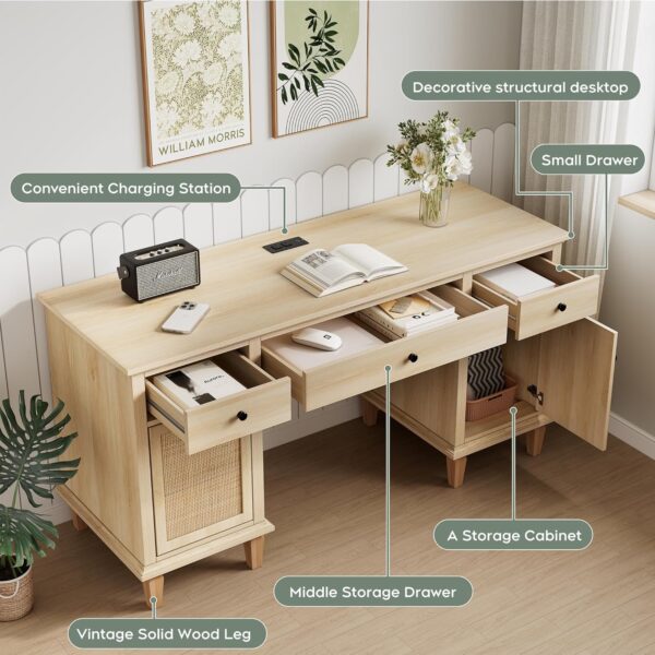 Yechen 58" Modern Executive Desk with Natural Rattan Door, Boho Writing Desk with 3 Drawers & 2 Cabinet for Study, Work, Computer, Natural Oak