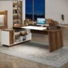 Tribesigns L-Shaped Executive Office Desk, 70.5-Inch Mid-Century Modern Executive Desk with File Cabinet and Storage Shelves, Large Computer Desk for Home Office, Brown + White