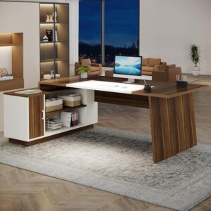 Tribesigns L-Shaped Executive Office Desk, 70.5-Inch Mid-Century Modern Executive Desk with File Cabinet and Storage Shelves, Large Computer Desk for Home Office, Brown + White