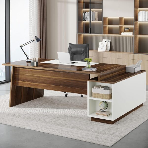 Tribesigns L-Shaped Executive Office Desk, 70.5-Inch Mid-Century Modern Executive Desk with File Cabinet and Storage Shelves, Large Computer Desk for Home Office, Brown + White