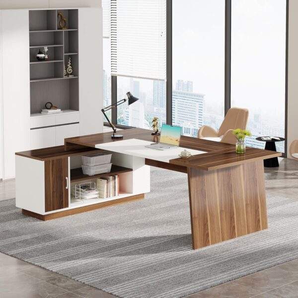 Tribesigns L-Shaped Executive Office Desk, 70.5-Inch Mid-Century Modern Executive Desk with File Cabinet and Storage Shelves, Large Computer Desk for Home Office, Brown + White