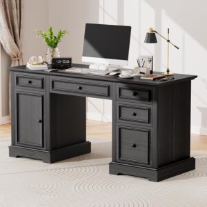 60" Farmhouse Executive Office Desk with Drawers and File Cabinet, Embossed Texture Wood Home Office Desk, Rustic Computer Desk, Workspace for Work Study Writing, Black