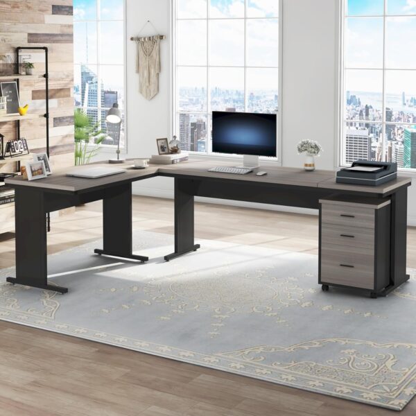 Tribesigns L-Shaped Executive Desk, Large Office Desk with 3-Drawer File Cabinet, Industrial Corner Computer Table with Drawers, Business Workstation for Home Office (Gray, 83")