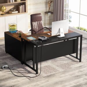 Tribesigns L-Shaped Computer Desk with Power Outlet and Drawer Cabinet, 55 inch Large Executive Office Desk Business Furniture with 40 inch Lateral File Cabinet Printer Stand for Home Office,Brown