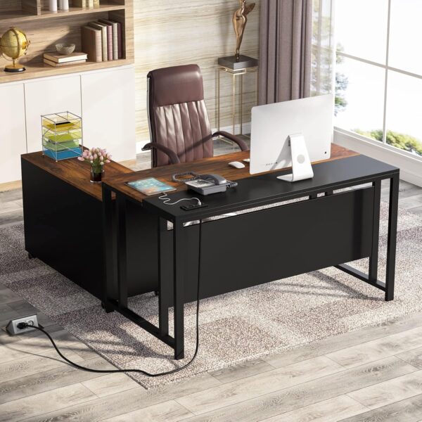 Tribesigns L-Shaped Computer Desk with Power Outlet and Drawer Cabinet, 55 inch Large Executive Office Desk Business Furniture with 40 inch Lateral File Cabinet Printer Stand for Home Office,Brown