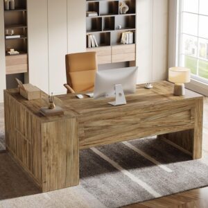 Tribesigns L-Shaped Executive Desk, 70.8-Inch Farmhouse Office Desk with File Cabinet, Large Computer Desk with Storage Shelves, Wooden Business Furniture Workstation for Home Office (Rustic Brown)