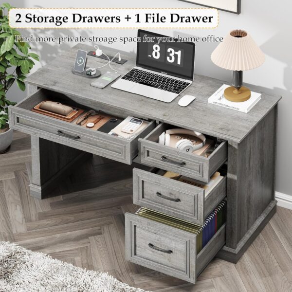 Vabches Farmhouse 47" Executive Desk, Computer Desk with Drawers and File Drawer, Workstation Computer Desk with Charging Station for Home Office,Study,Grey.