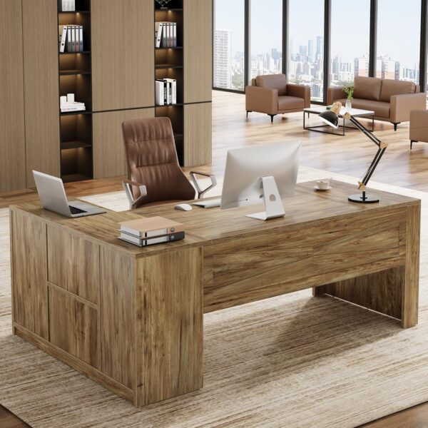 Tribesigns L-Shaped Executive Desk, 70.8-Inch Farmhouse Office Desk with File Cabinet, Large Computer Desk with Storage Shelves, Wooden Business Furniture Workstation for Home Office (Rustic Brown)
