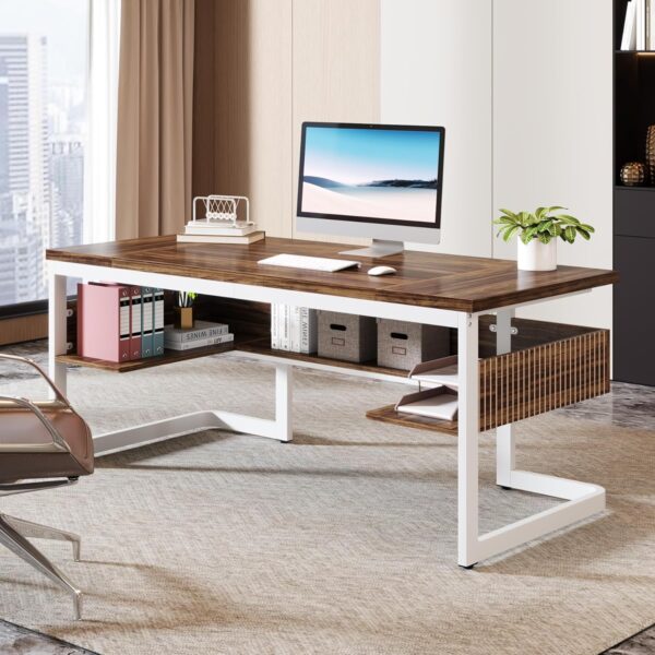 Tribesigns 63" Executive Desk with Bottom Shelves, Large Office Computer Desk, Modern Simple Workstation Business Furniture for Home Office (Walnut & White)