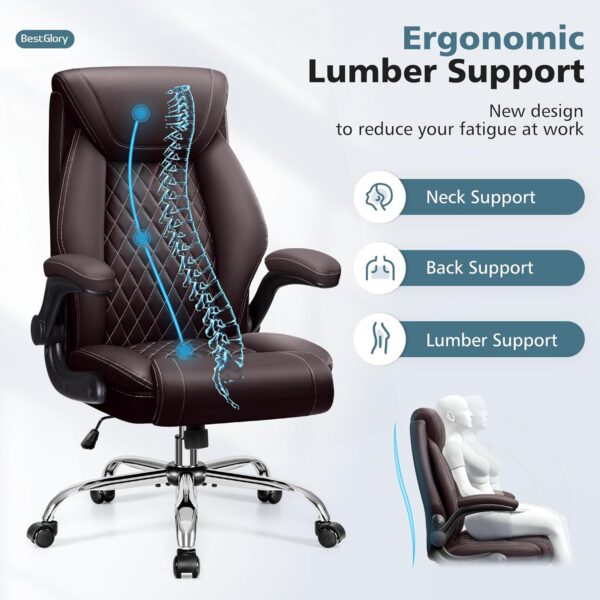 Office Chair, Ergonomic High Back Home Office Desk Chair, Big and Tall Breathable Leather Office Chair with Lumbar Support Flip-Up Armrests, Computer Chair with Rocking Function
