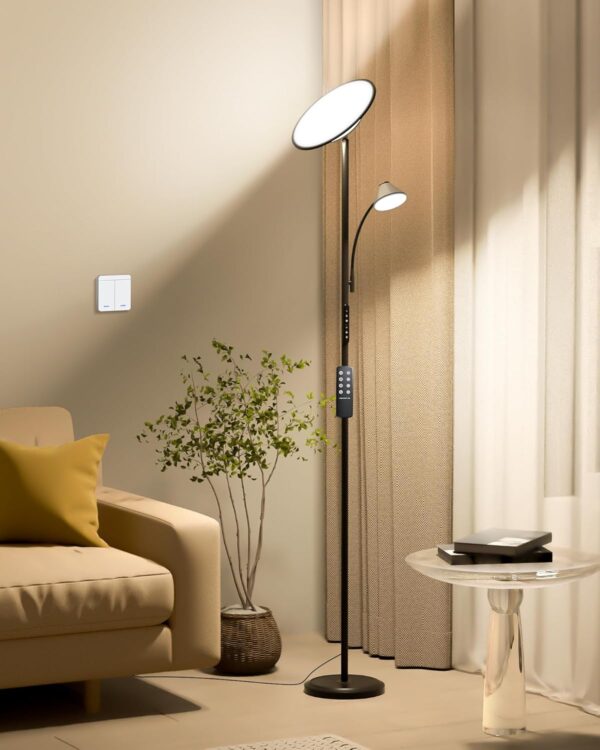 Bright Floor Lamp, Standing Lamp with Remote & Wall Switch, 60 Lighting Effects, Adjustable Torchiere Corner Light for Living Room, Bedroom, Office. Perfect for Reading & Ambiance