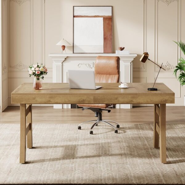 Tribesigns 63-Inch Executive Desk, Large Office Computer Desk with Sturdy Legs, Farmhouse Workstation Writing Table Business Furniture for Home Office, Light Brown