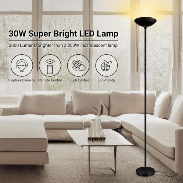 BoostArea Dimmable Floor Lamp,30W 3000LM Super Bright LED Torchiere Standing Lamp with Remote & Touch Control,71 in Tall Pole Sky Modern Floor Lamps for Living Room Bedroom Office,2700k-6500k,Black