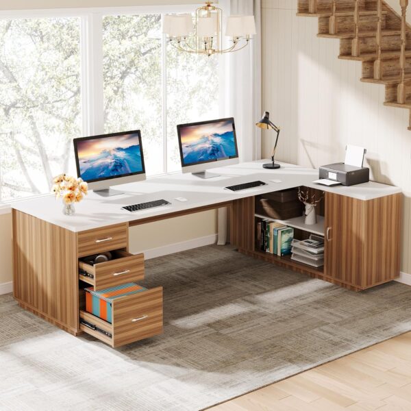 Tribesigns 85.8-Inch L-Shaped Executive Desk, Extra Large Modern Office Desk with File Drawers, Door Cabinet & Shelves, Commercial Office Table, Home Business Workstation, White & Brown