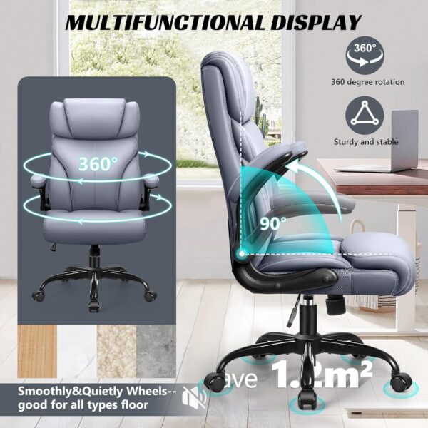 Office Chair, Ergonomic Big and Tall Computer Desk Chairs, Executive Breathable Leather Chair with Adjustable High Back Flip-up Armrests, Lumbar Support Swivel PC Chair with Rocking Function