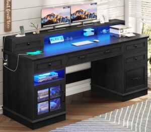 59.1" Executive Desk with File Drawer, Home Office Desk with Charging Station & LED Lights, Computer Desk with Drawers & Storage Cabinet, Executive Office Desk with Monitor Stand, Black