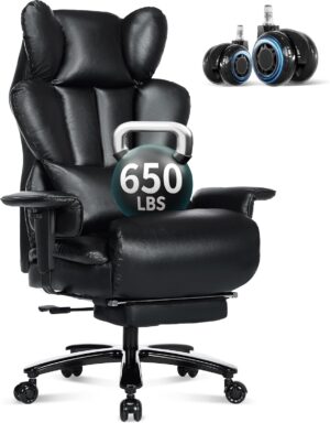 650LBS Big and Tall Office Chair with Footrest,Large Heavy Duty Executive Office Chair-Wide Seat,Adjustable Lumbar Support,Dual Rubber Wheels,Ergonomic High Back Computer Chairs for Heavy People,Black