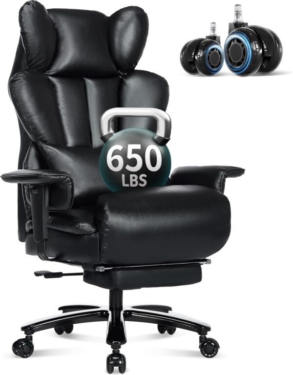 650LBS Big and Tall Office Chair with Footrest,Large Heavy Duty Executive Office Chair-Wide Seat,Adjustable Lumbar Support,Dual Rubber Wheels,Ergonomic High Back Computer Chairs for Heavy People,Black