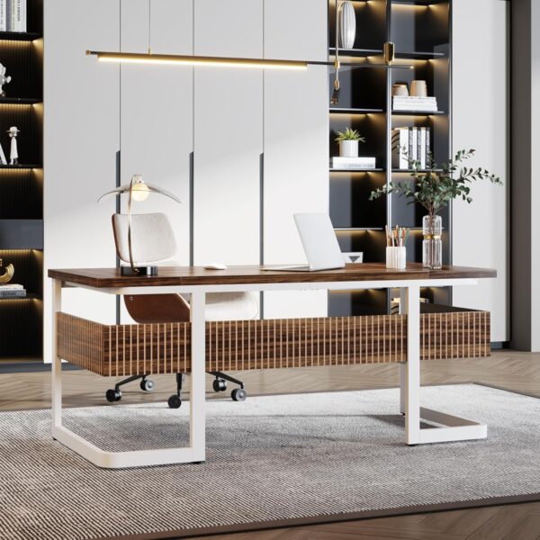 Tribesigns 63" Executive Desk with Bottom Shelves, Large Office Computer Desk, Modern Simple Workstation Business Furniture for Home Office (Walnut & White)