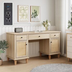 Yechen 58" Modern Executive Desk with Natural Rattan Door, Boho Writing Desk with 3 Drawers & 2 Cabinet for Study, Work, Computer, Natural Oak