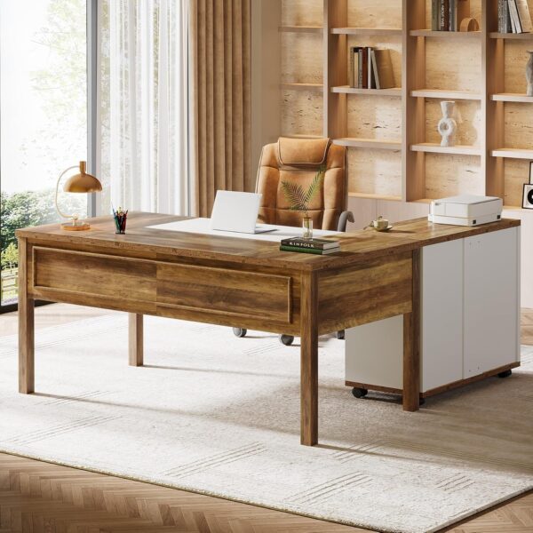 Tribesigns L-Shaped Executive Desk with Reversible File Cabinet, 63" Wooden Computer Desk with Drawers and Storage, Home Office Writing Table Business Furniture Table, Rustic Brown and White