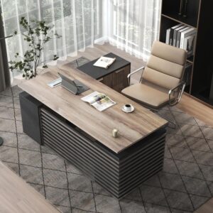 70.87IN Adjustable Heigh L Shaped Executive Desk with Drawers, Modern Executive Standing Home Office Desk w/Universal Charging Ports, Large Business Workstation, Black and Warm Oak