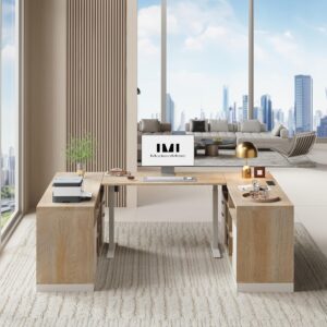 Furniture Set, 86" U Shaped Executive Standing Desk & 4 Wood Lateral File Cabinets with Lock, Electric Height Adjustable, AC/USB, Home Office, Light Walnut