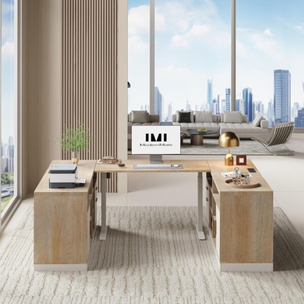 Furniture Set, 86" U Shaped Executive Standing Desk & 4 Wood Lateral File Cabinets with Lock, Electric Height Adjustable, AC/USB, Home Office, Light Walnut