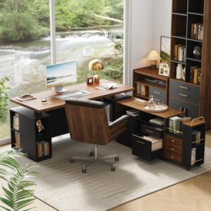 Home Office Furniture Set, 70" Electric Standing Desk with 2 Wide File Cabinet, AC/USB, Mobile File Cabinet with Lockable Wheels, Furniture Set with Multiple Functions,Black Walnut