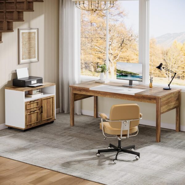 Tribesigns L-Shaped Executive Desk with Reversible File Cabinet, 63" Wooden Computer Desk with Drawers and Storage, Home Office Writing Table Business Furniture Table, Rustic Brown and White