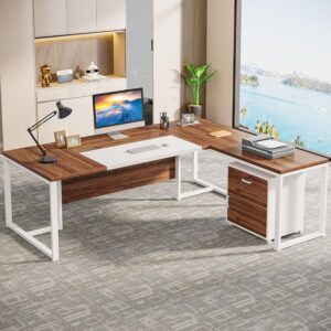Tribesigns 70.8-Inch Executive Desk with Mobile File Cabinet, Large L Shaped Computer Desk with Storage Cabinet, L-Shaped Desk with Drawer Cabinet for Home Office, Walnut & White