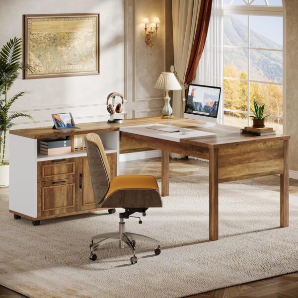 Tribesigns L-Shaped Executive Desk with Reversible File Cabinet, 63" Wooden Computer Desk with Drawers and Storage, Home Office Writing Table Business Furniture Table, Rustic Brown and White