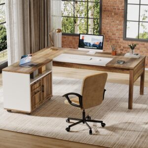 Tribesigns L-Shaped Executive Desk with Reversible File Cabinet, 63" Wooden Computer Desk with Drawers and Storage, Home Office Writing Table Business Furniture Table, Rustic Brown and White