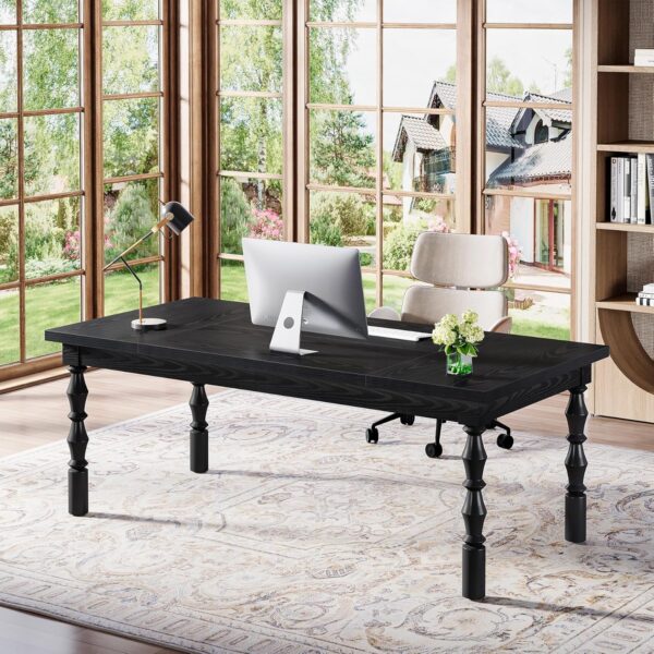 Tribesigns Large Executive Office Desk, 62.2-Inch Farmhouse Modern Computer Desk, Mid Century Study Writing Table Workstations Business Office Furniture with Carved Turned Legs (Black)