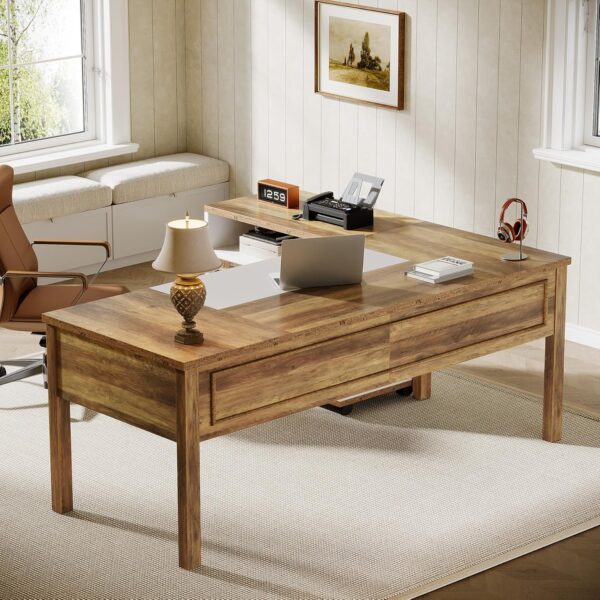 Tribesigns L-Shaped Executive Desk with Reversible File Cabinet, 63" Wooden Computer Desk with Drawers and Storage, Home Office Writing Table Business Furniture Table, Rustic Brown and White