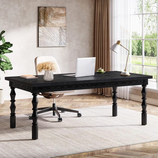 Tribesigns Large Executive Office Desk, 62.2-Inch Farmhouse Modern Computer Desk, Mid Century Study Writing Table Workstations Business Office Furniture with Carved Turned Legs (Black)