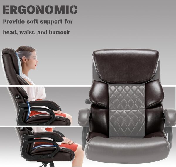 Big and Tall Office Chair 500 LBS-Executive Office Chairs for Heavy People-Heavy Duty Office Chairs with Sturdy Rolling Wheels-Desk Chair with Adjustable Lumbar Support Black Faux Leather Chair Brown
