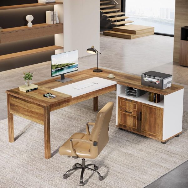 Tribesigns L-Shaped Executive Desk with Reversible File Cabinet, 63" Wooden Computer Desk with Drawers and Storage, Home Office Writing Table Business Furniture Table, Rustic Brown and White