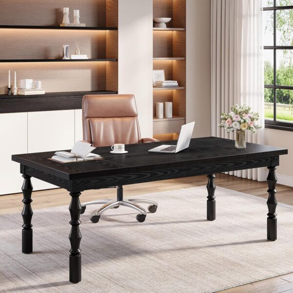 Tribesigns Large Executive Office Desk, 62.2-Inch Farmhouse Modern Computer Desk, Mid Century Study Writing Table Workstations Business Office Furniture with Carved Turned Legs (Black)