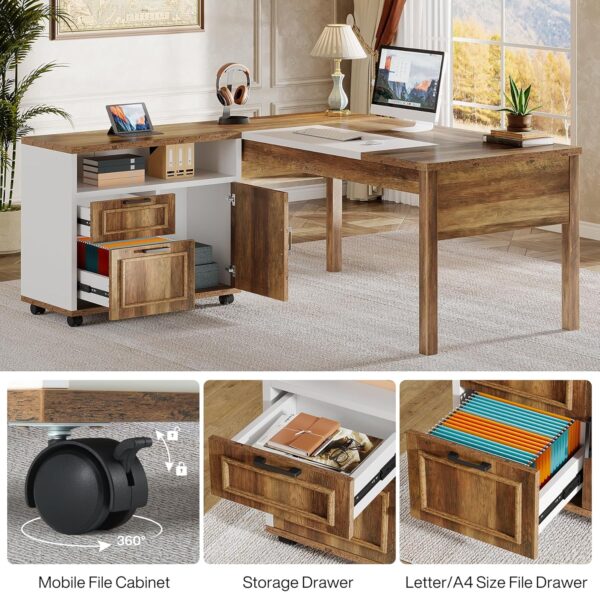 Tribesigns L-Shaped Executive Desk with Reversible File Cabinet, 63" Wooden Computer Desk with Drawers and Storage, Home Office Writing Table Business Furniture Table, Rustic Brown and White