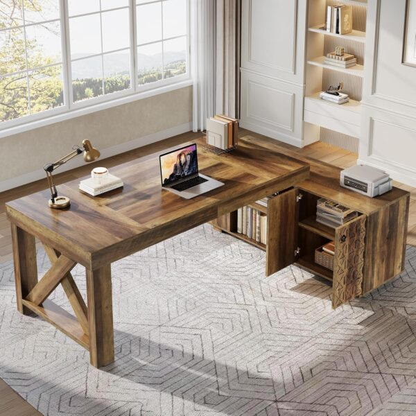 Tribesigns Farmhouse 63-Inch Executive Desk, L-Shaped Boss Desk Home Office Desks with Storage Shelves and Cabinet, Large Business Furniture Set for Home Office, Brown