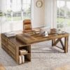 Tribesigns Farmhouse 63-Inch Executive Desk, L-Shaped Boss Desk Home Office Desks with Storage Shelves and Cabinet, Large Business Furniture Set for Home Office, Brown