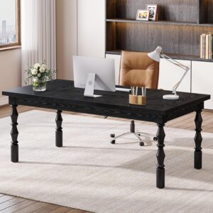 Tribesigns Large Executive Office Desk, 62.2-Inch Farmhouse Modern Computer Desk, Mid Century Study Writing Table Workstations Business Office Furniture with Carved Turned Legs (Black)
