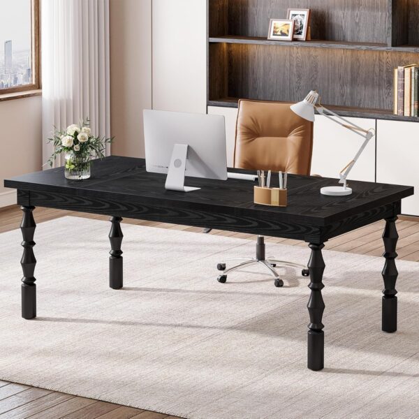 Tribesigns Large Executive Office Desk, 62.2-Inch Farmhouse Modern Computer Desk, Mid Century Study Writing Table Workstations Business Office Furniture with Carved Turned Legs (Black)
