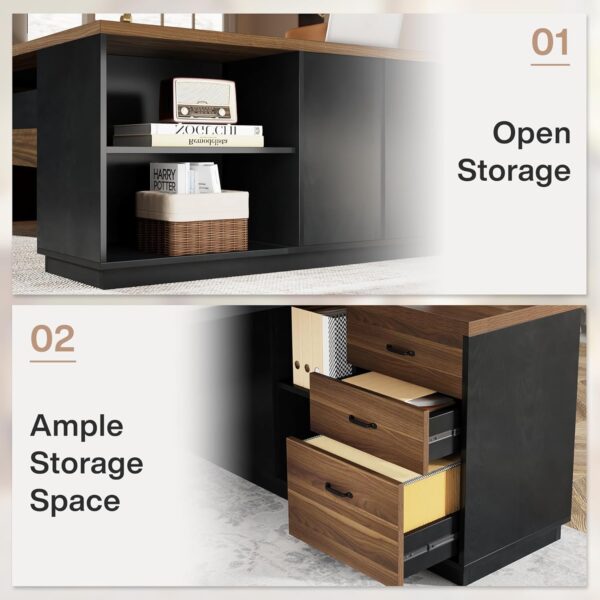 Tribesigns 78" L-Shaped Executive Desk, Large Modern Office Desk with Drawers and File Cabinet, Business Furniture with Storage Shelves, Big Computer Desk for Home Office (Light Walnut + Black)