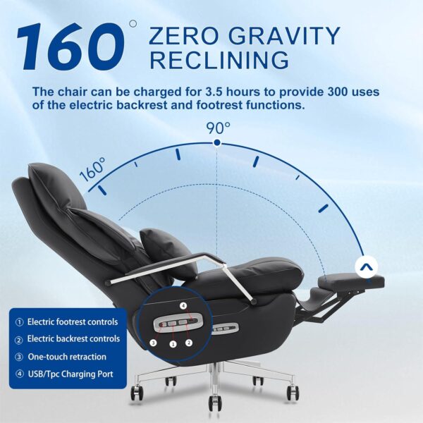 Ergonomic Executive Office Chair with Footrest – 400LBS Big and Tall PU Leather Desk Chair, One-Click Electric Recline with Massage & Pillow Support, High Back Wide Seat for Home Office (Black)