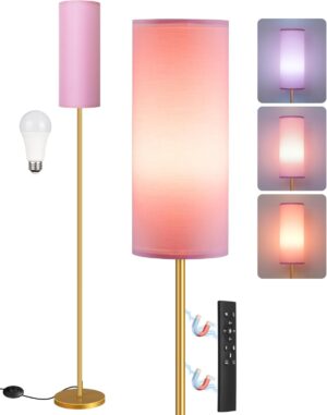 Dimmable Pink Floor Lamp for Living Room with Remote and Foot Switch, Corner Floor Lamp, 66'' Standing Tall Lamp, 10W 900LM Bulb Included, 3000K-6500K, Linen Shade, Gold Pink, FCC Listed DP06LD05W1