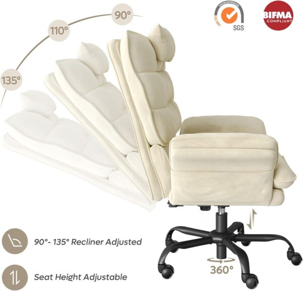 Bestier Velvet Executive Office Chair, Ergonomic Chair with Flip-up Arms, 135° Reclining Office Chair with Side Pockets & Headrest, Big Swivel Computer Chair for Home Office - Beige