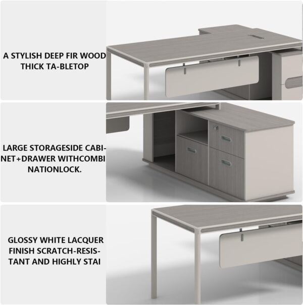 71-Inch Modern Executive Office Desk, L-Shaped Executive Desk with Cabinet and Storage Shelves, Large Writing Table Business Furniture Set for Home Office